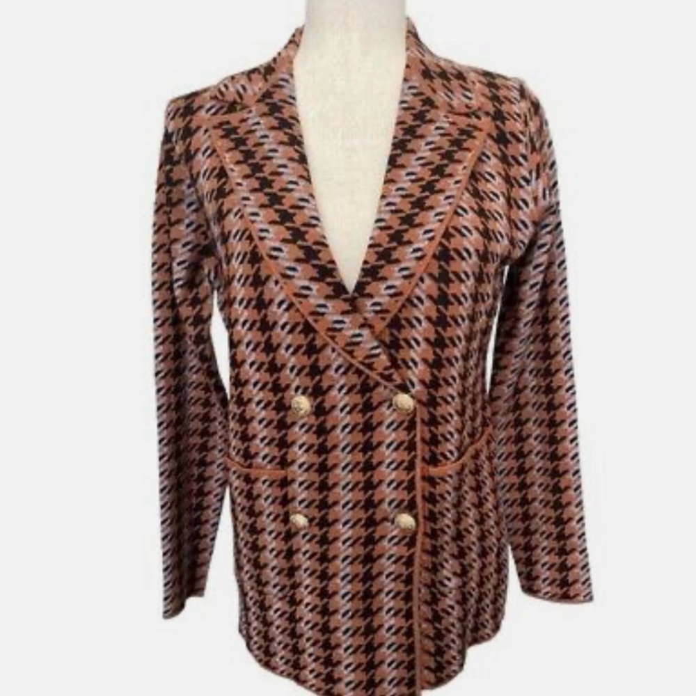 Joie Houndstooth Button Front Double Breasted Knit Cardigan Blazer Sweater